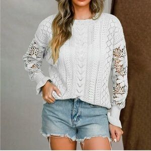 Women’s pullover knit crochet cotton sweater relax fit long sleeves crew gray XL